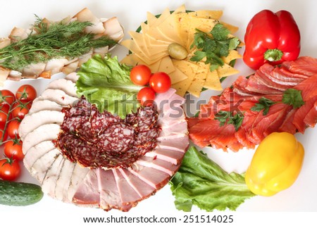 red fish, white fish, sausage, meat and cheese