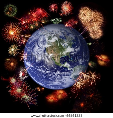Fireworks around Earth - West hemisphere, celebration concept (Earth image courtesy of Nasa http://visibleearth.nasa.gov/)