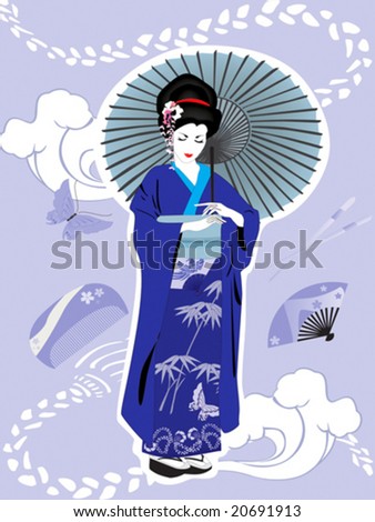 stock vector Japanese Geisha girl wearing traditional kimono