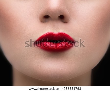 Beauty Red Lips Makeup Detail. Beautiful Make-up Closeup. Sensual Open Mouth. lipstick