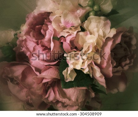 Vintage wedding bouquet of fabric roses background, flowers stylized and filtered to seem an old, victorian, still life painting