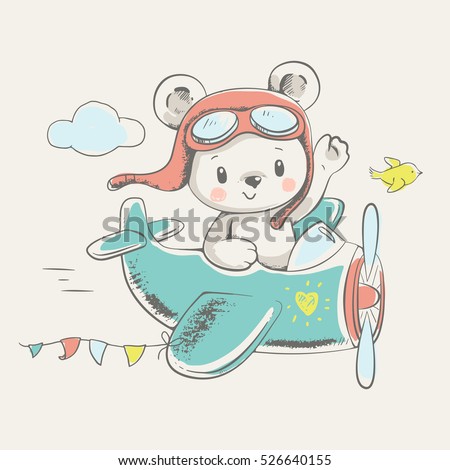 Cute little bear flying on a plane cartoon hand drawn vector illustration. Can be used for baby t-shirt print, fashion print design, kids wear, baby shower celebration greeting and invitation card.