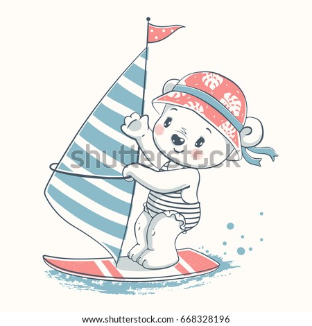 Cute baby bear windsurfer cartoon hand drawn vector illustration. Can be used for baby t-shirt print, fashion print design, kids wear, baby shower celebration greeting and invitation card.