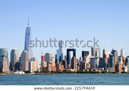 Skyline of lower Manhattan Island in New York City, New York, USA, as viewed from across the Hudson River.