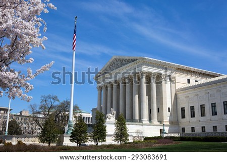 United States Supreme Court building and grounds with US Flag and cherry blossoms on tree.