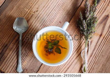 white cap Tea herbs spoon fresh bouquet