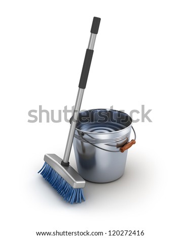 Cleaning equipment Bucket and mop over white Cleaning equipment Bucket and mop over white