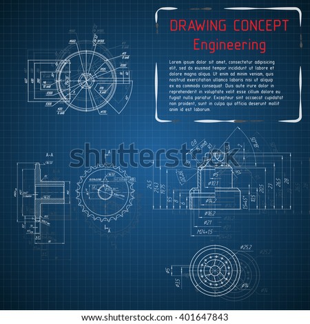 Mechanical engineering drawings on blue blackboard. Vector illustration