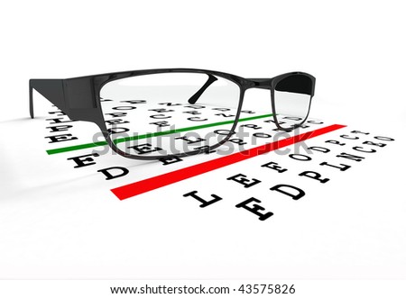 Three-dimensional glasses model with a black frame against the table for sight check