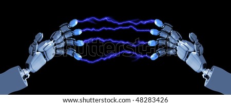 Forked lightning between fingers of hands of robots