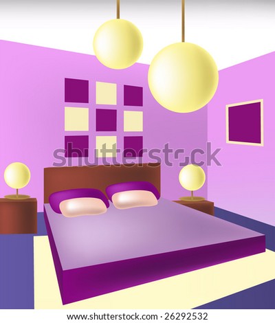 Interior. Interior Of Bedroom Is In Violet Tones. Vecto