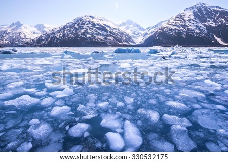 Ice melting in a lake and snow-capped mountains in Alaska. Global warming.