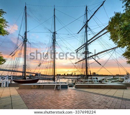 Sailboats Moored on the Delaware River During Sunset