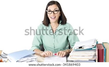 Friendly Caucasian woman with medium dark brown hair in business casual outfit holding dry erase marker - Isolated