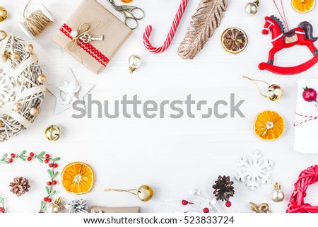 Stylish branding mockup to display your artworks. Cute vintage christmas new year gifts mock up on wooden background. Flat lay top view.