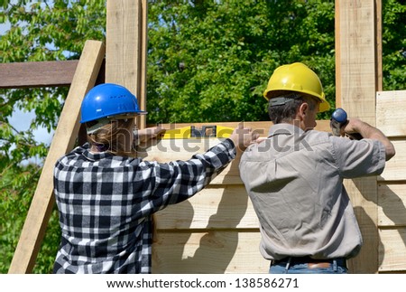 Both male and female workers who are building a wooden chalet