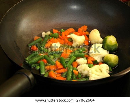 Stir fry vegetables in a wok pan