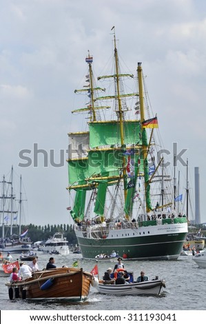 Ij River, Amsterdam, the Netherlands - August 19, 2015: The Alexander von Humboldt tall ship (Germany) on the 1st day of the SAIL (www.sail.nl), an international public nautical event every 5 years.