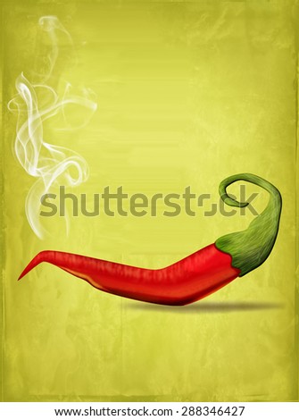 Digitally created stylized smoking hot chili pepper against a green yellow vintage background.