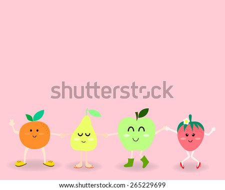 oranges pear apple and strawberry in sweet cute cartoon style in the happy face emotion
