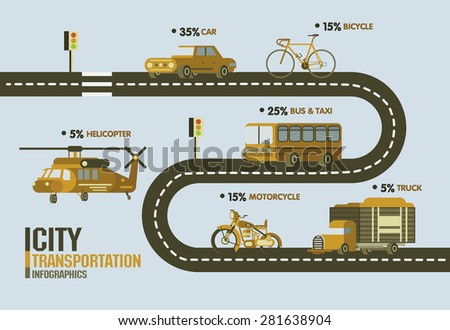 City transportation concept,Earth tone, Car, Bicycle, Bus, Taxi, Motorcycle, Truck, Helicopter with road and traffic light design.