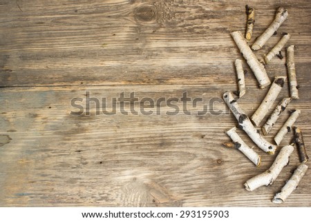 Birch tree trunks and branches on natural wood background. Copy space to right.
