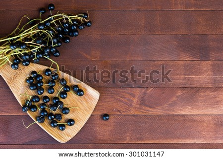 Branches of bird cherry (Prunus Padus) with ripe berries on a wooden table with copy space