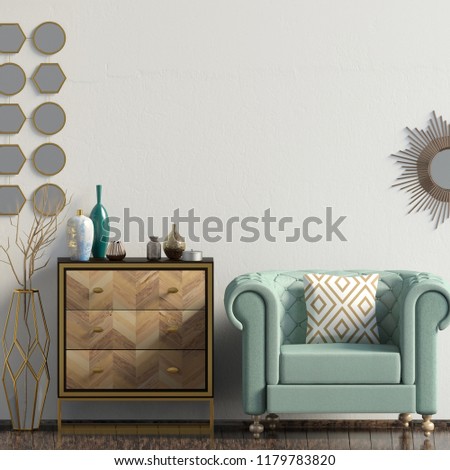 Modern interior with dresser and chair. Wall mock up. 3d illustration.