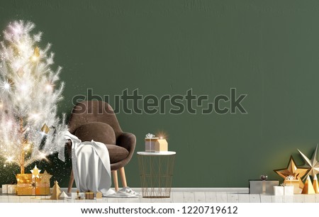 Modern shining Christmas interior with chair, Scandinavian style. Wall mock up. 3D illustration