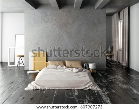 Mock up wall in bedroom interior. Bedroom hipster style. 3d illustration