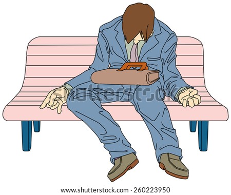 Cheers for good work! Businessperson?Male company employee is dozing on a bench in the park.