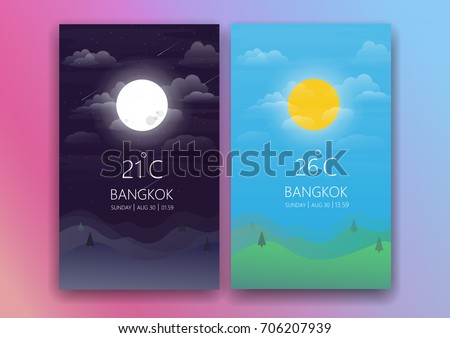 day and night landscape illustration with sun,moon,hills,star,clouds,weather app,user interface design