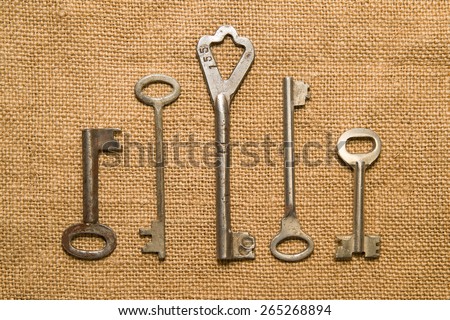 Four vintage keys to the safe on old cloth