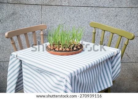 Onion growing ceramic plates located on a restaurant table.