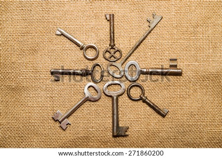 A lot vintage keys to the safe on a very old cloth