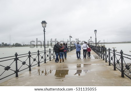 Queen\'s pier and the monument to the Plus Ultra, name of the hydroplane that made for the first time in history the trip between Europe and America, in Palos de la Frontera, close to La Rabida, Huelva