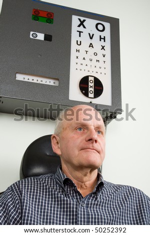 An older man taking an eye test examination at an opticians clinic