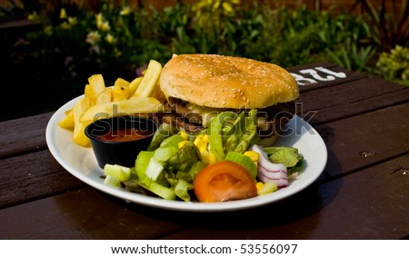 a delicious looking burger and chips with side salad