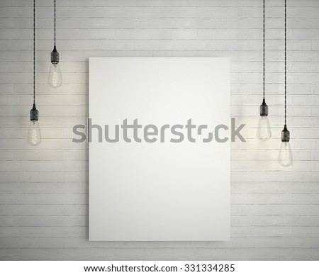 Blank white poster on brick wall hanging under decorative vintage light bulbs.