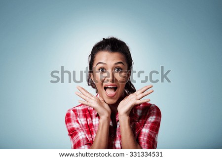 Surprise astonished beautiful mixed race woman. Closeup portrait woman surprised in full disbelief open mouth and palms isolated on background. Positive human emotion facial expression body language.