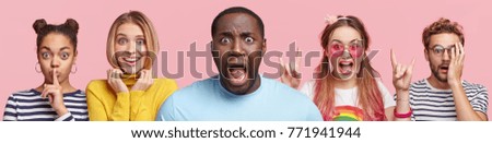 Five different mixed race people stand in row, express various emotions, isolated over pink background. Multiethnic women and men stand next to each other. Composition of people. Horizontal shot