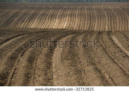Cultivated land. Furrows on cultivated field (brown soil, horizontal view)