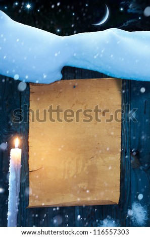 Christmas and New Year background, snow covered paper scroll