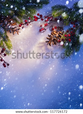 Blue Christmas snow background, frame Ã?Â¢??Ã?Â¢??of fir branches