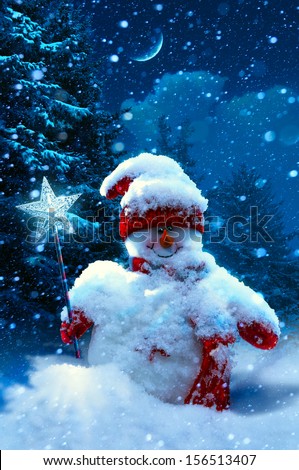 Art Christmas snowman and fir branches covered with snow