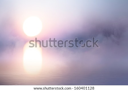 art peaceful background, mist over water at sunrise