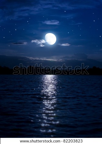 Art Abstract night background with moon and stars over the water