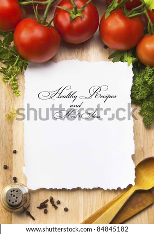fresh vegetables and spices on the  wooden background and paper for notes