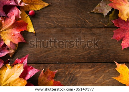 yellow wet autumn leaves on the background a dark old wood