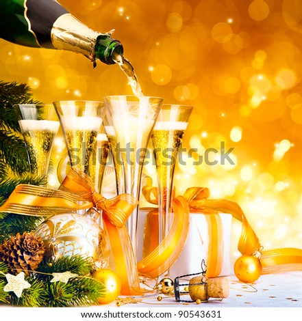 Christmas greeting card ( glasses of champagne, Christmas tree and gifts, New Year party )
